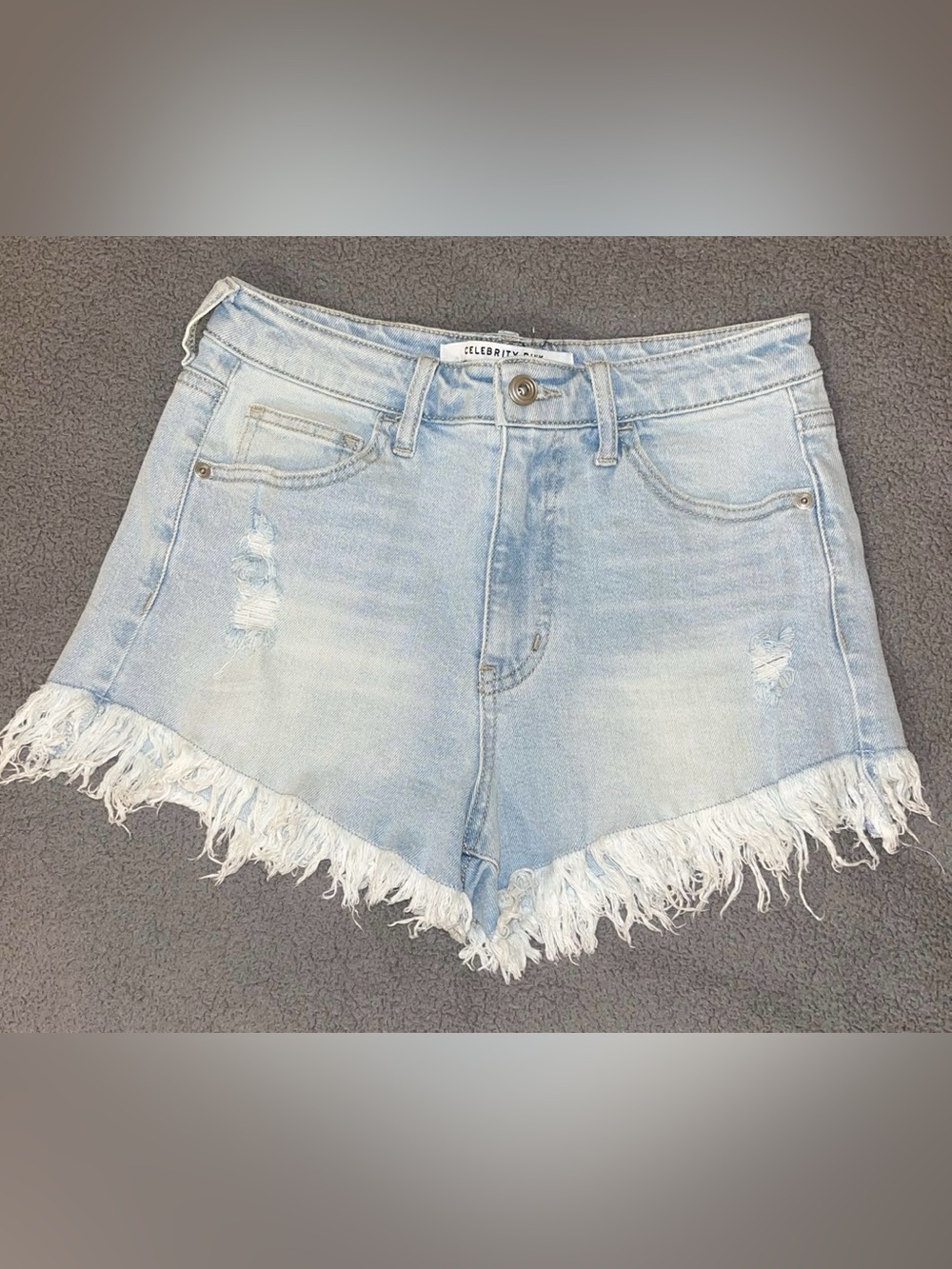 Celebrity Pink Light Blue Frayed V-Hem Denim Shorts